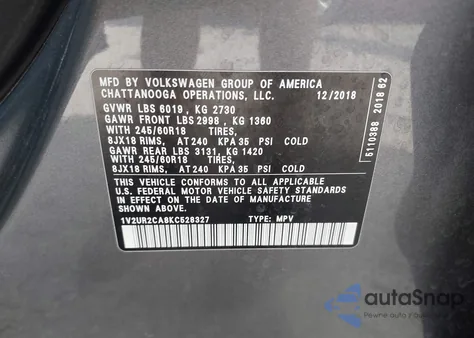 2019 Volkswagen Atlas 3.6L V6 Se W/Technology z USA, uszkodzony, nr VIN 1V2UR2CA8KC528327